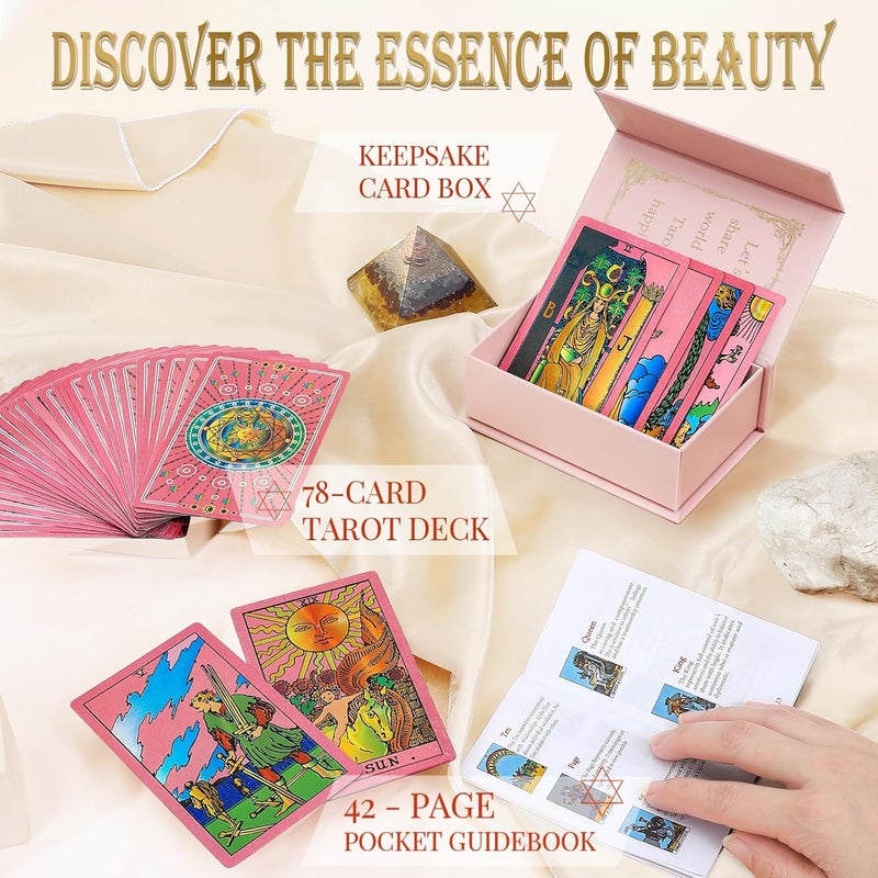 lrjrizzo Tarot Cards for Beginners Pink Tarot Cards with Guide Book Gold Foil with Meanings on Them 78 Classic Origina Rider Waite Taro Deck Fortune Telling Game（Pink） - Image 3